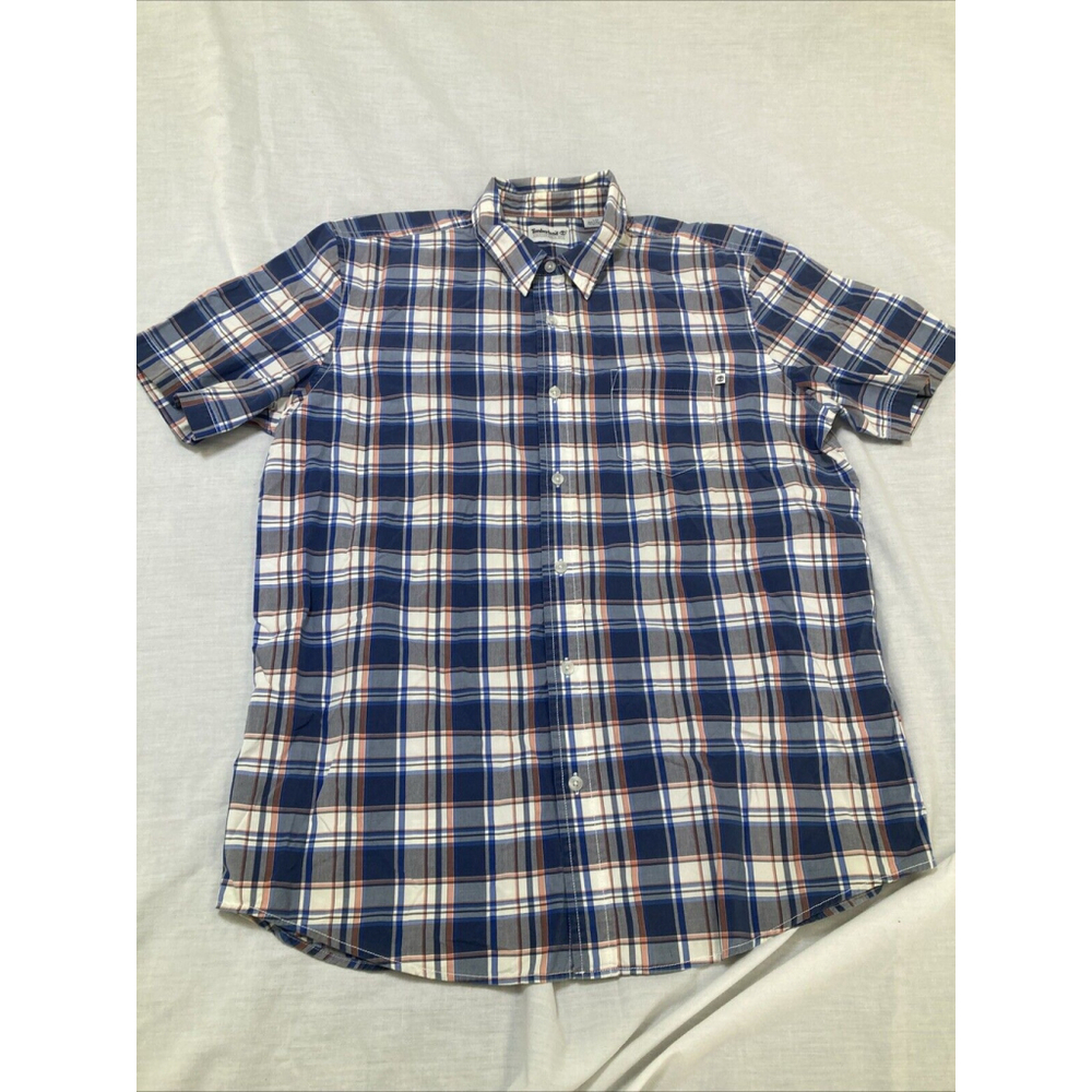 Timberland Short Sleeve Plaid Button Up Blue & White Size Large Work Golf School